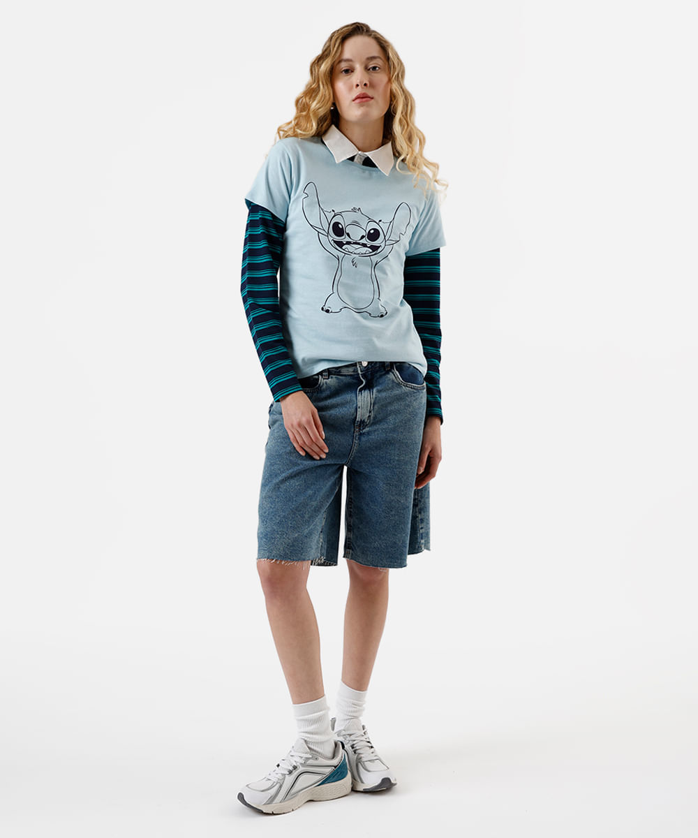 camiseta feminina de algodão stitch azul