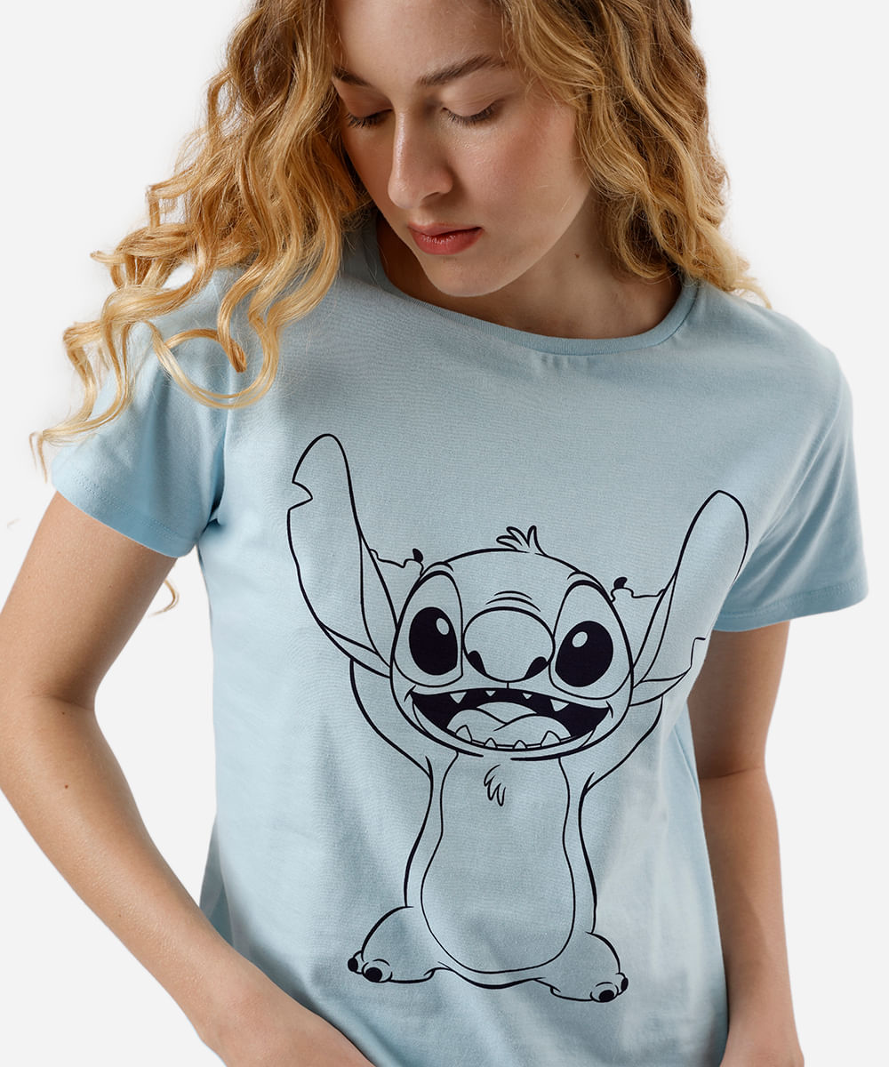 camiseta feminina de algodão stitch azul