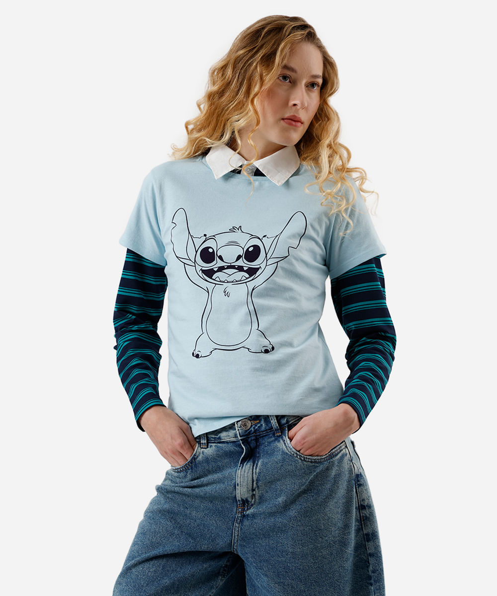 camiseta feminina de algodão stitch azul