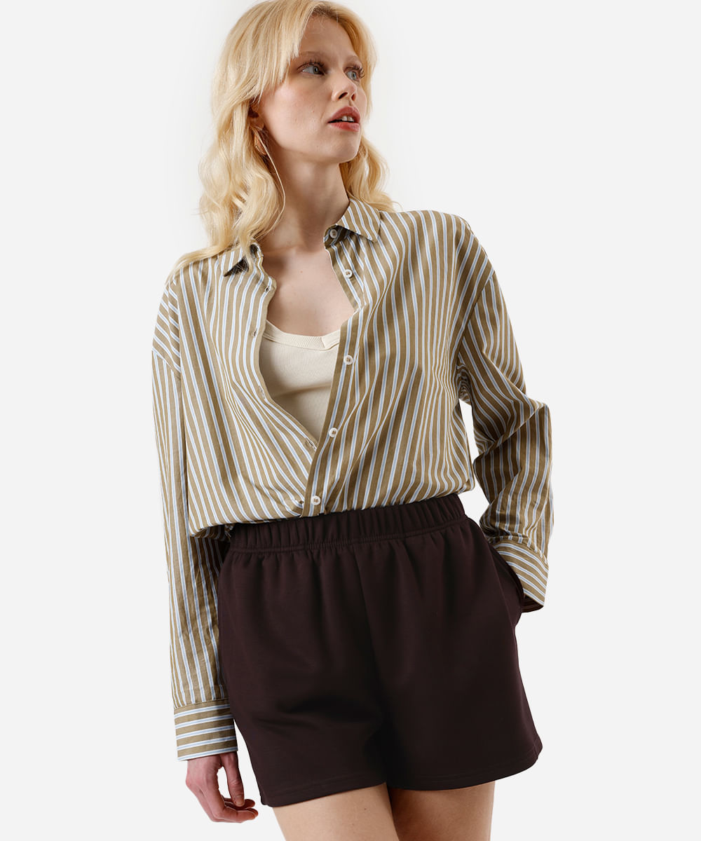 short básico feminino de moletom cós elástico marrom