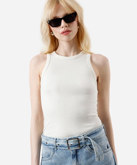 regata básica feminina de poliamida canelada off white