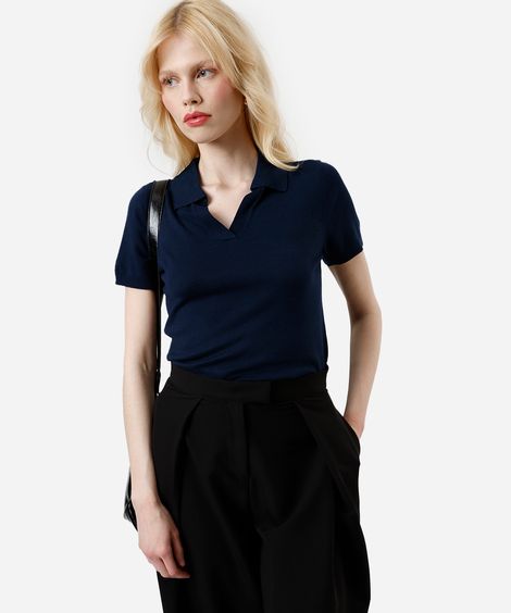 polo básica feminina de tricot manga curta azul