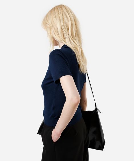 polo básica feminina de tricot manga curta azul