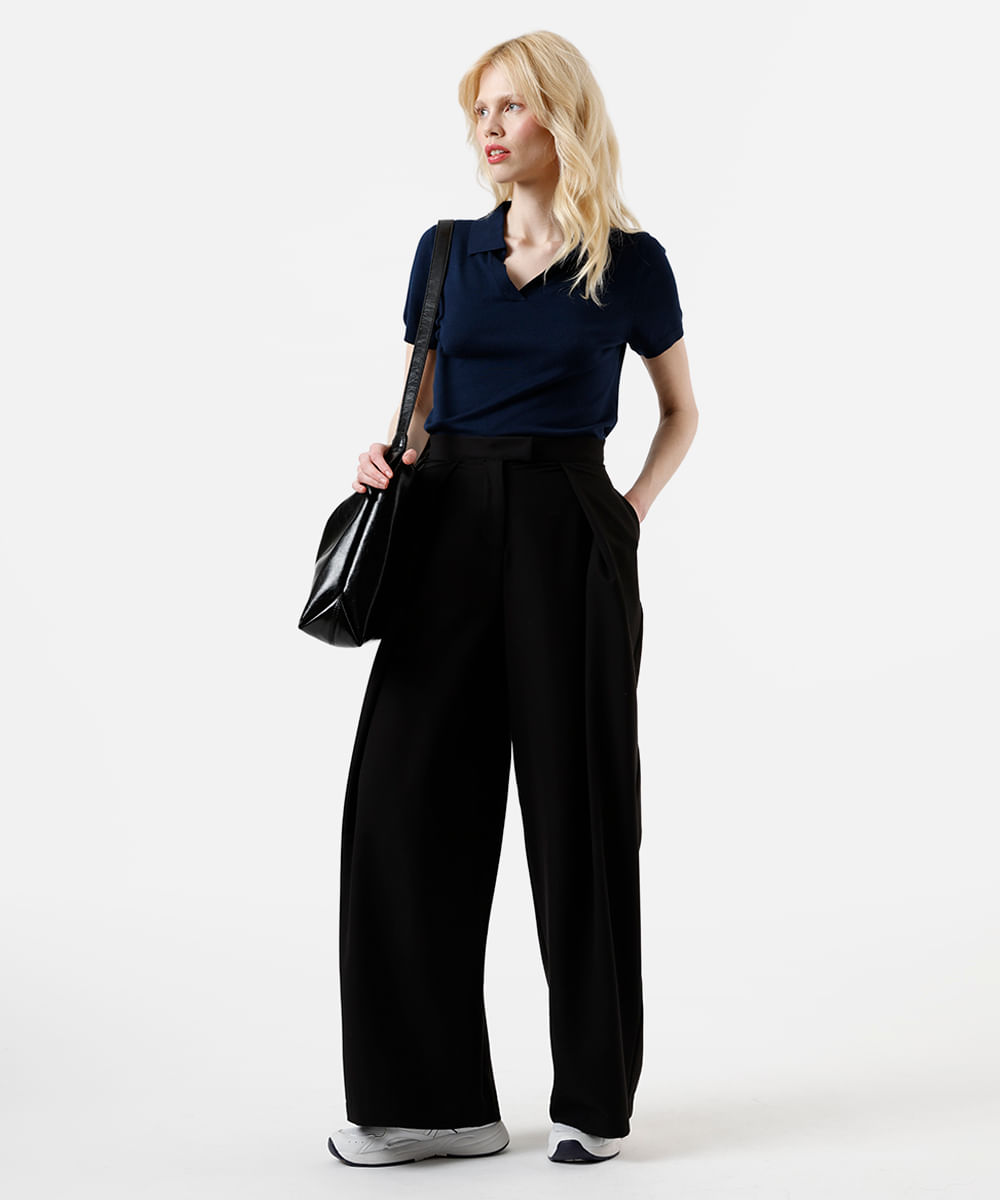 polo básica feminina de tricot manga curta azul