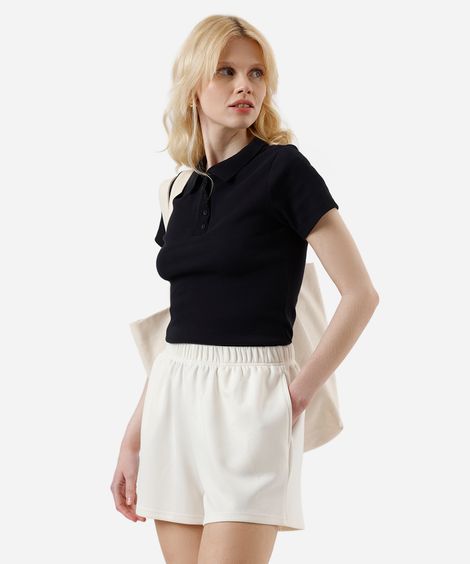 short básico feminino de moletom cós elástico bege