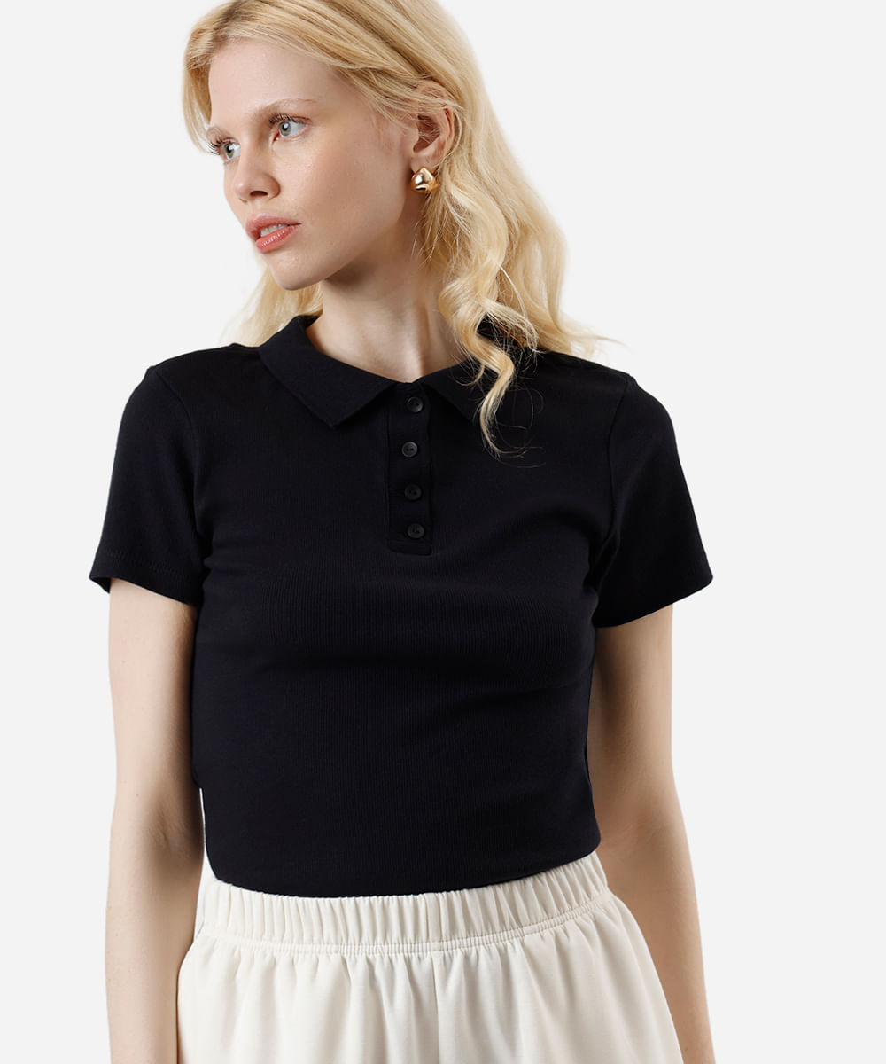 polo feminina de tricot manga curta preta