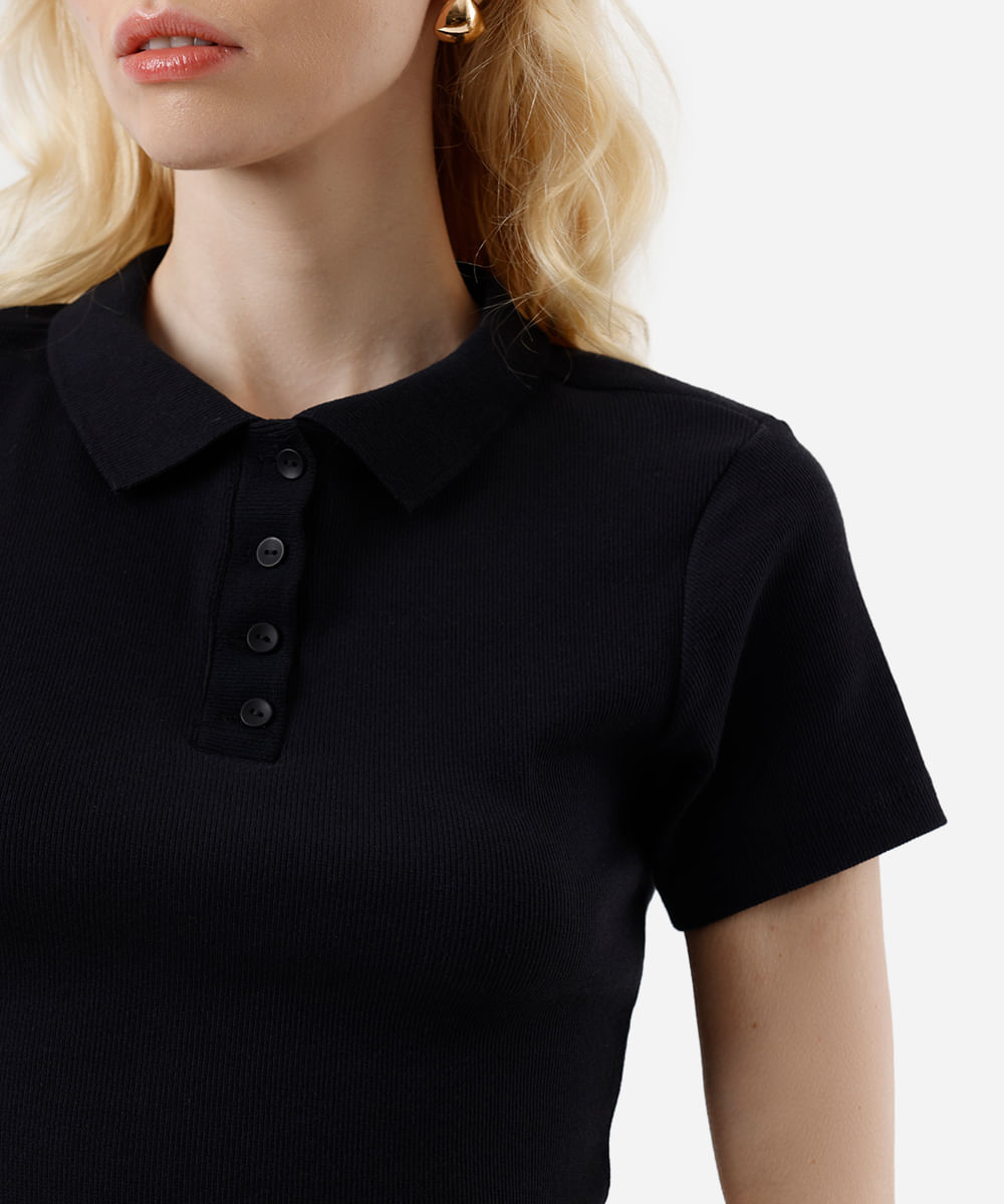 polo feminina de tricot manga curta preta