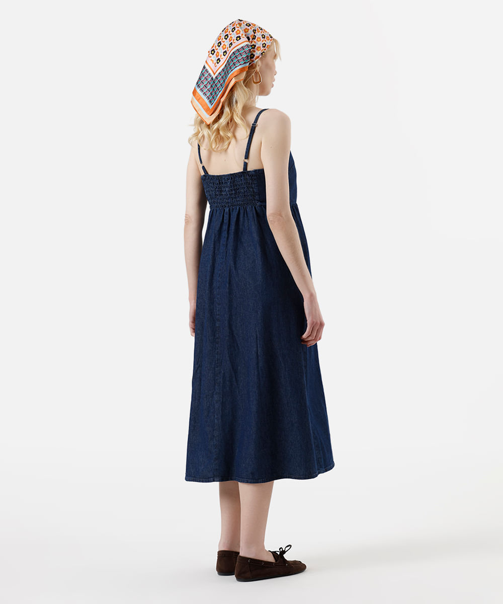 vestido midi feminino jeans alça fina com bolsos azul