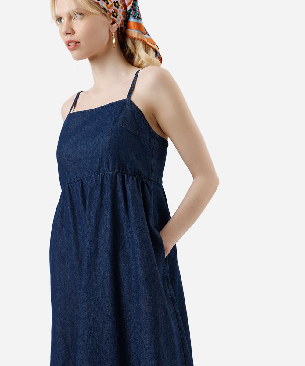 vestido midi feminino jeans alça fina com bolsos azul
