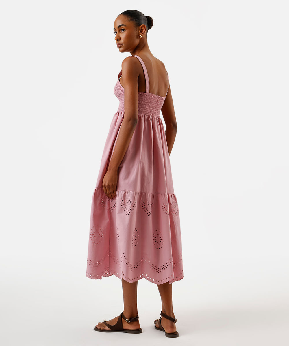 vestido midi feminino de algodão com bordado rosa