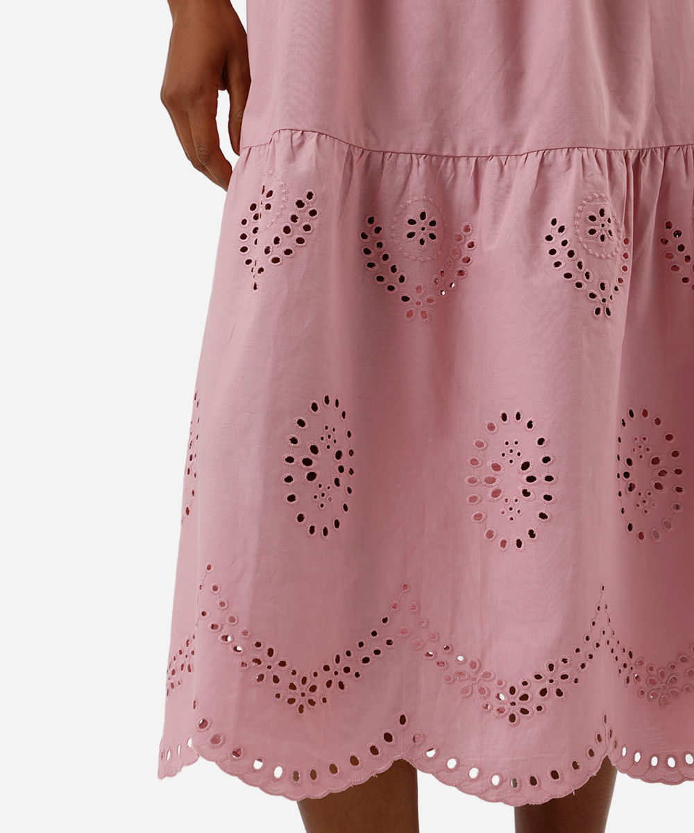 vestido midi feminino de algodão com bordado rosa