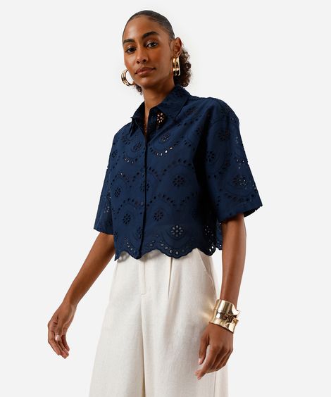 camisa feminina de laise manga curta azul