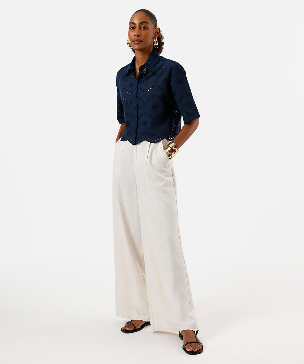 camisa feminina de laise manga curta azul
