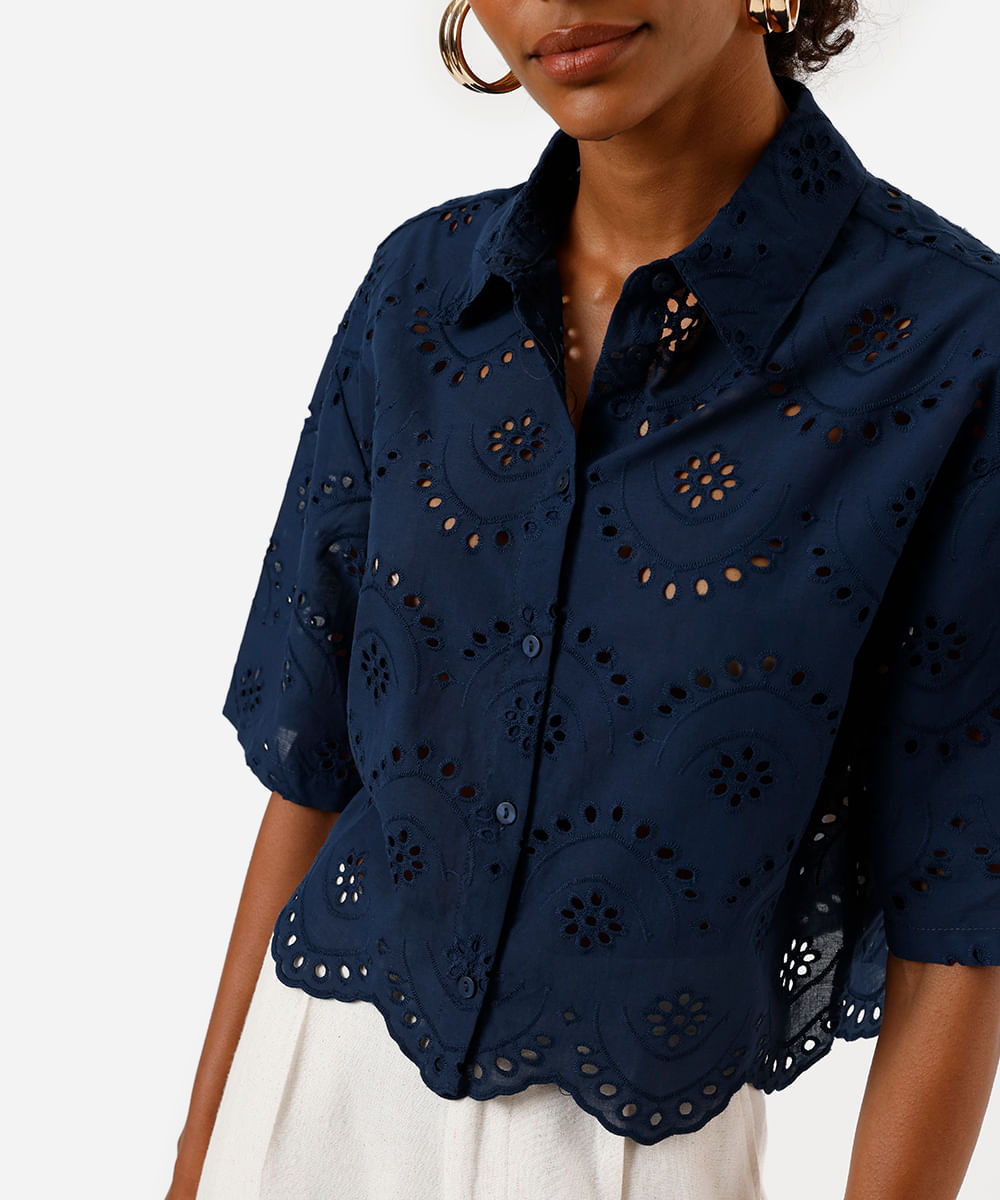 camisa feminina de laise manga curta azul
