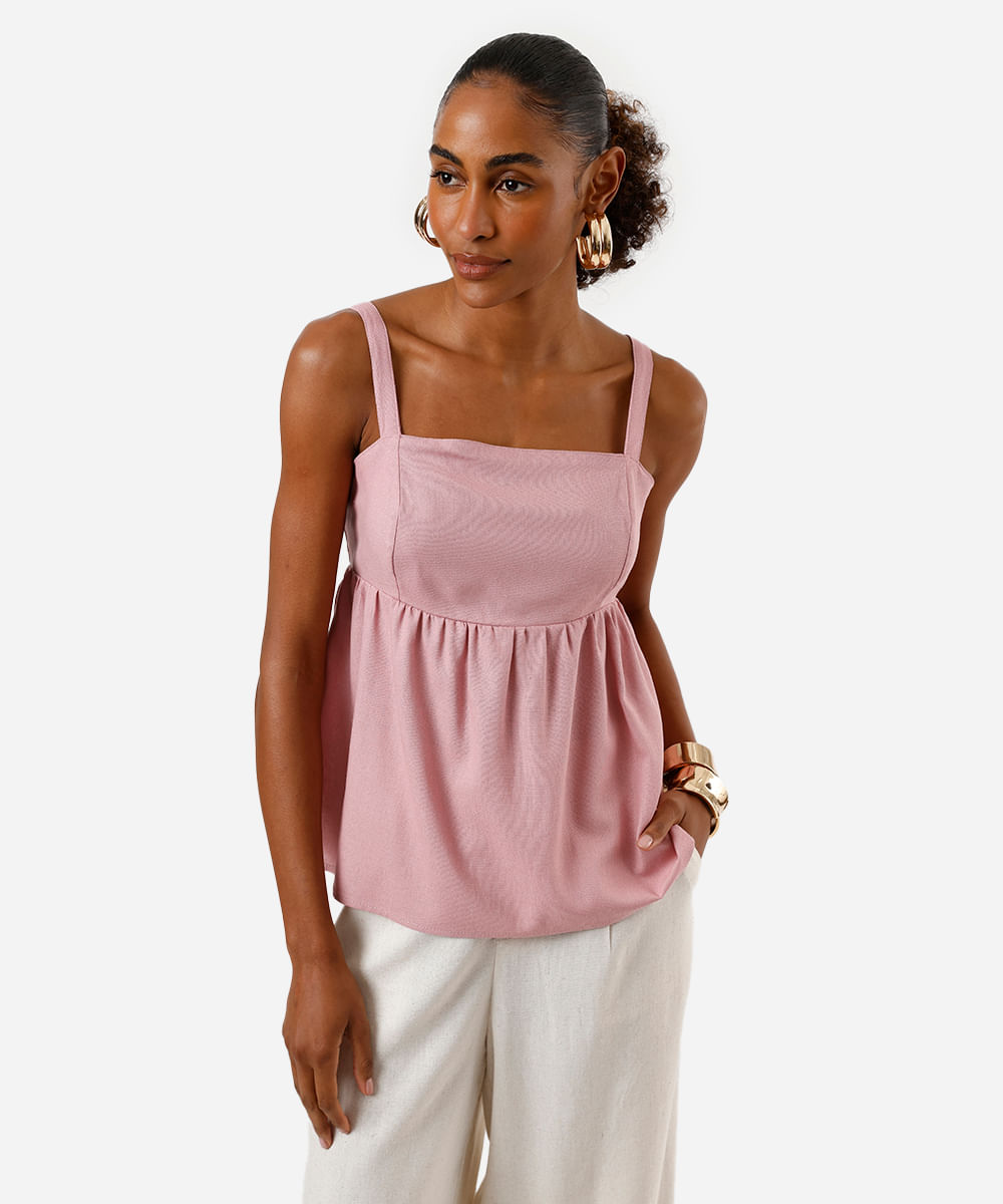 bata feminina com linho decote quadrado rosa