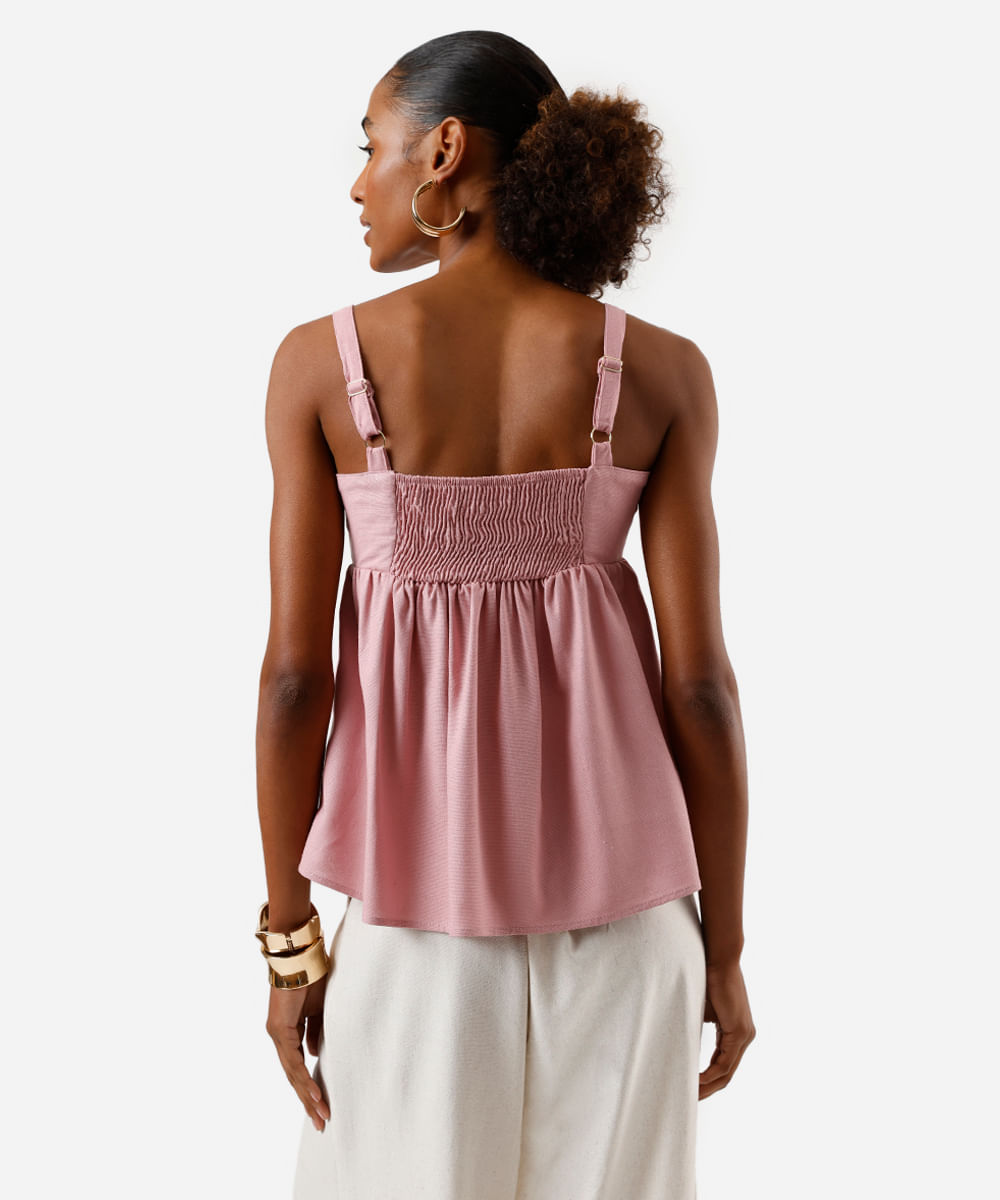 bata feminina com linho decote quadrado rosa