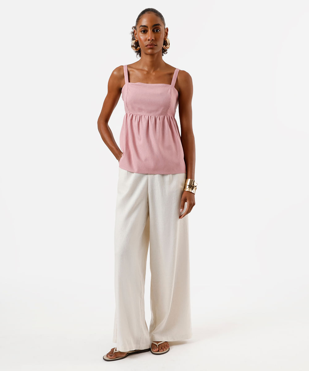 bata feminina com linho decote quadrado rosa