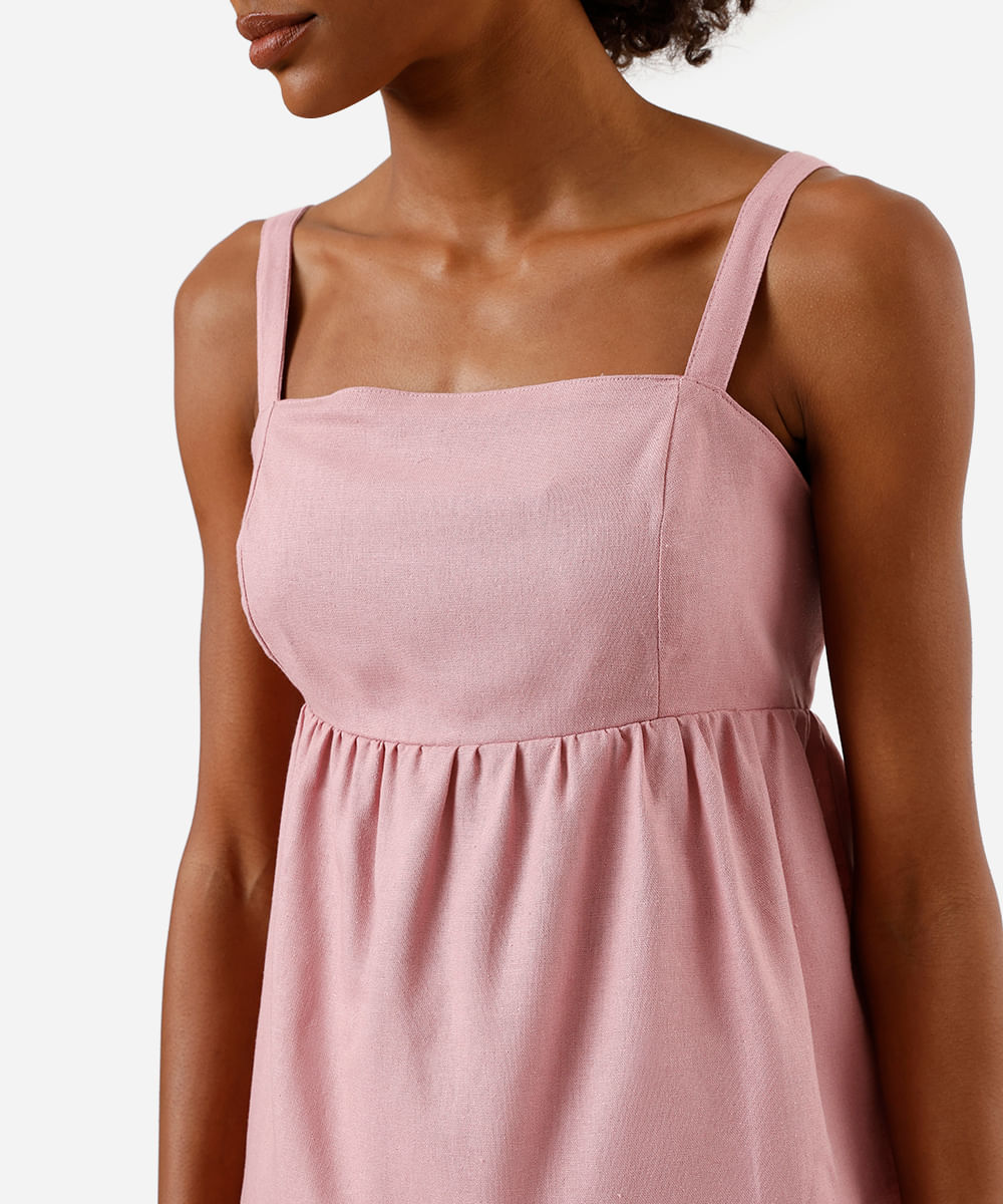 bata feminina com linho decote quadrado rosa