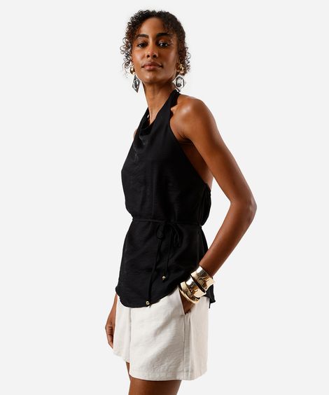 blusa frente única feminina com viscose com amarração texturizada preta