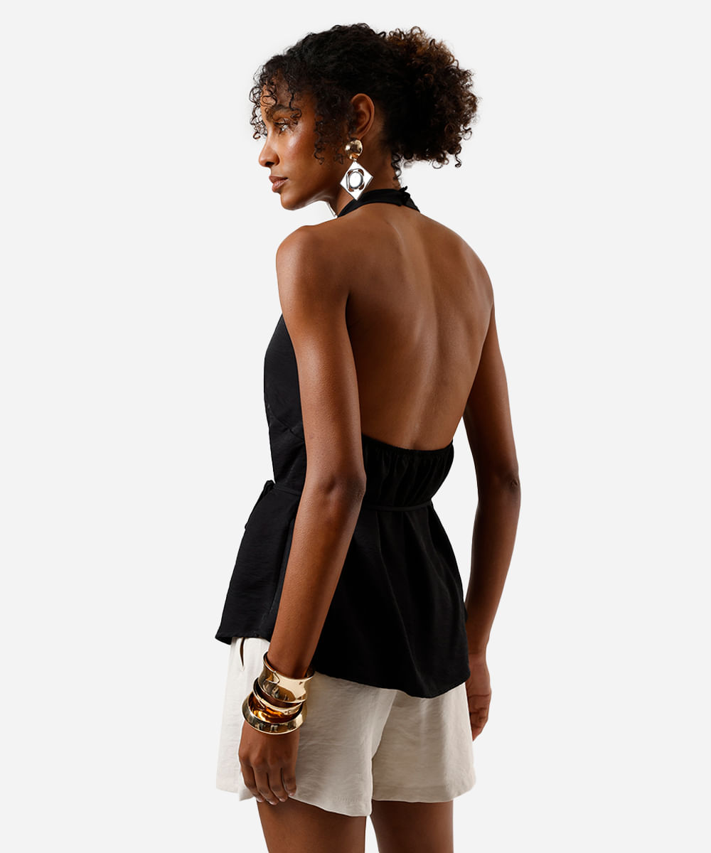 blusa frente única feminina com viscose com amarração texturizada preta