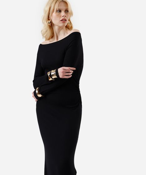 vestido midi feminino de viscose ombro a ombro manga longa canelado preto