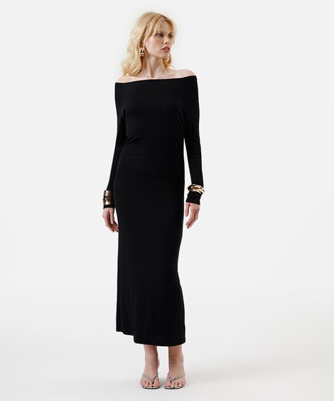 vestido midi feminino de viscose ombro a ombro manga longa canelado preto