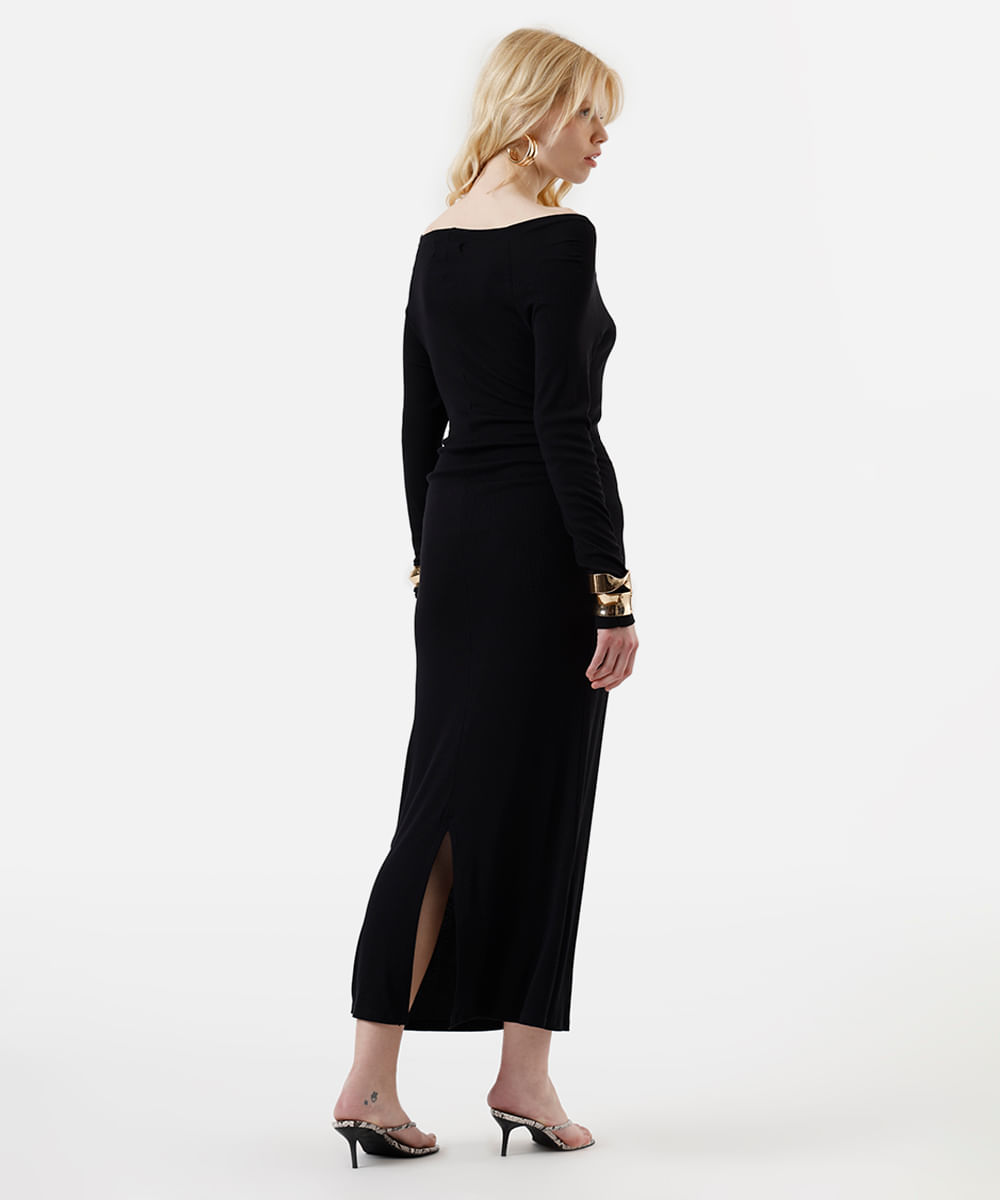 vestido midi feminino de viscose ombro a ombro manga longa canelado preto