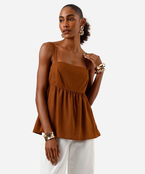 bata feminina com linho decote quadrado marrom