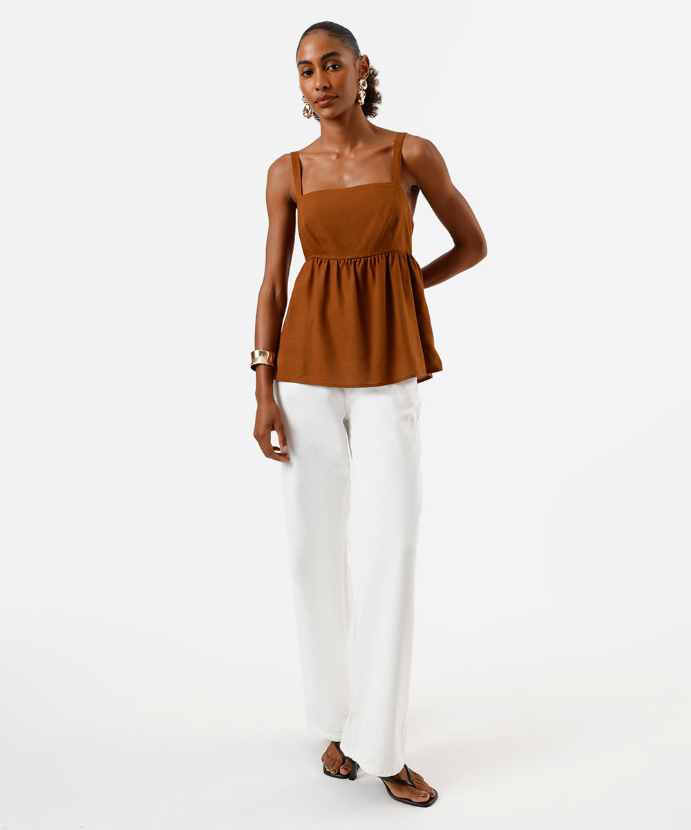 bata feminina com linho decote quadrado marrom