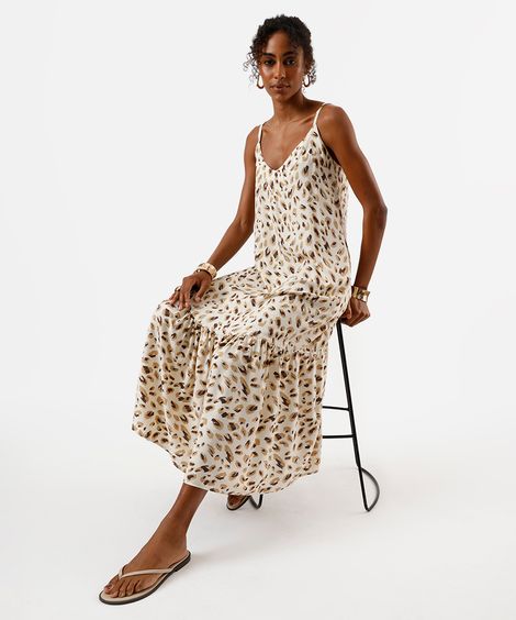 vestido midi de viscose alça fina com recorte animal print bege