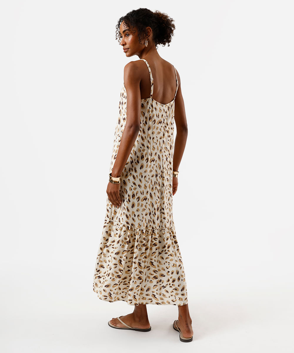 vestido midi de viscose alça fina com recorte animal print bege