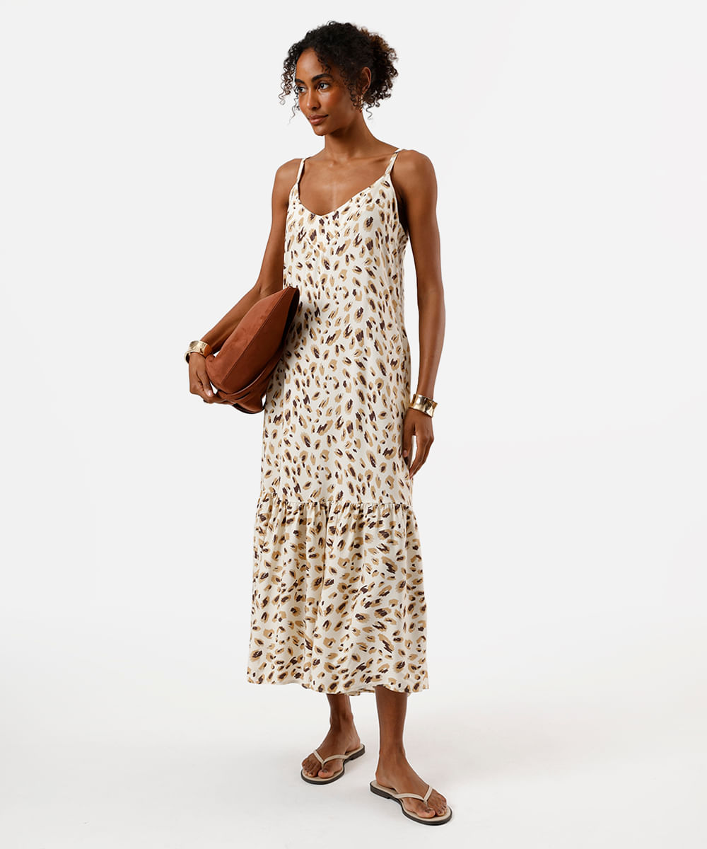 vestido midi de viscose alça fina com recorte animal print bege