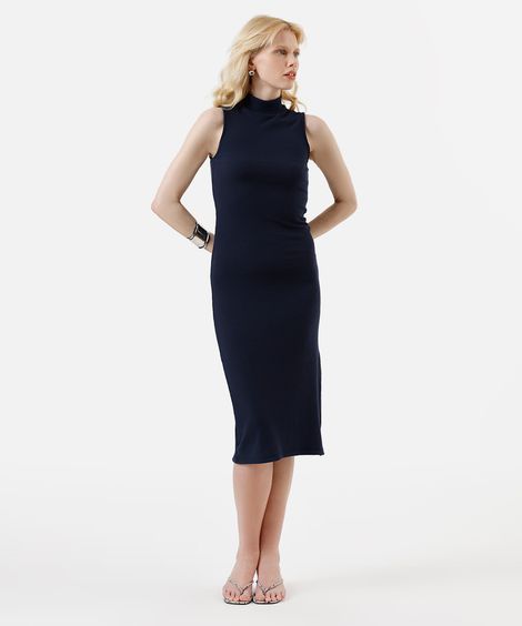 vestido midi feminino canelado com fenda azul