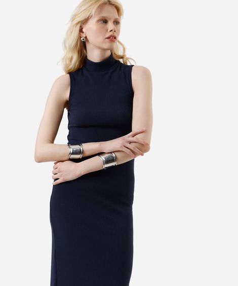 vestido midi feminino canelado com fenda azul