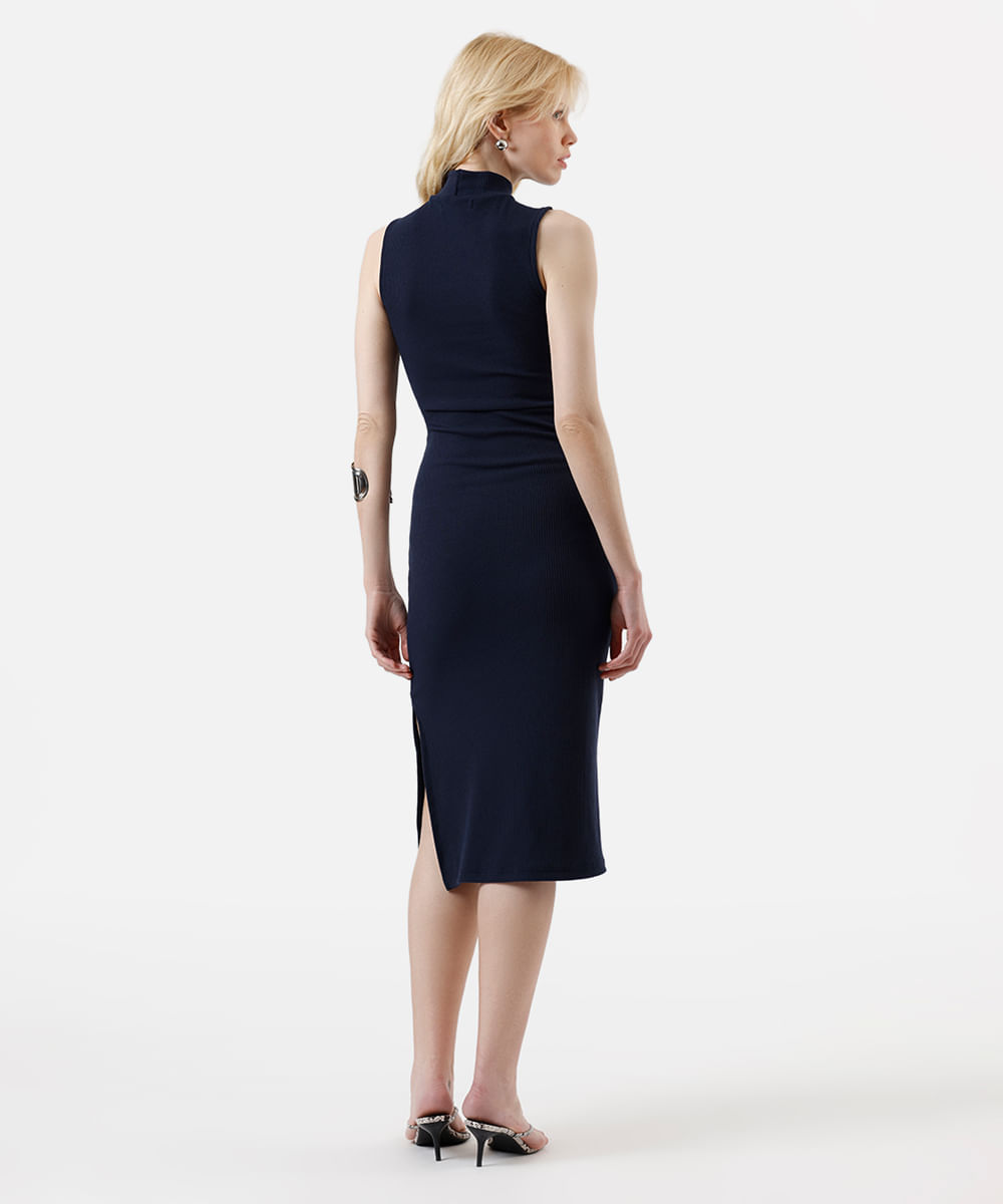 vestido midi feminino canelado com fenda azul