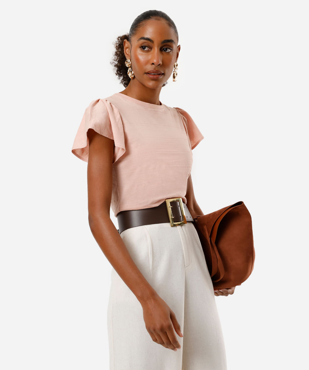 camiseta feminina de algodão manga curta bufante texturizada rosa