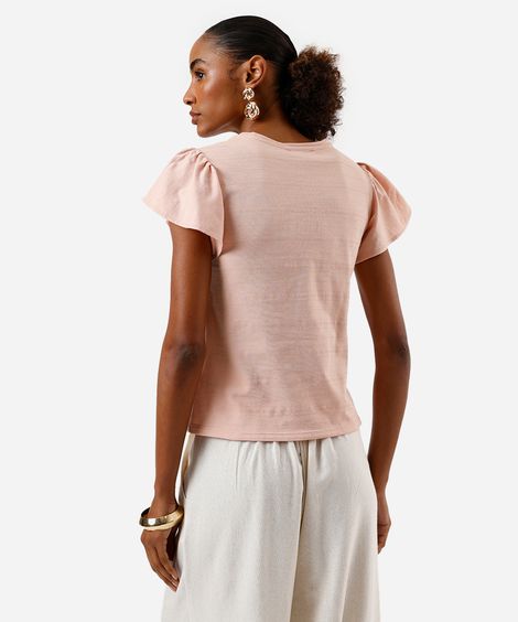 camiseta feminina de algodão manga curta bufante texturizada rosa