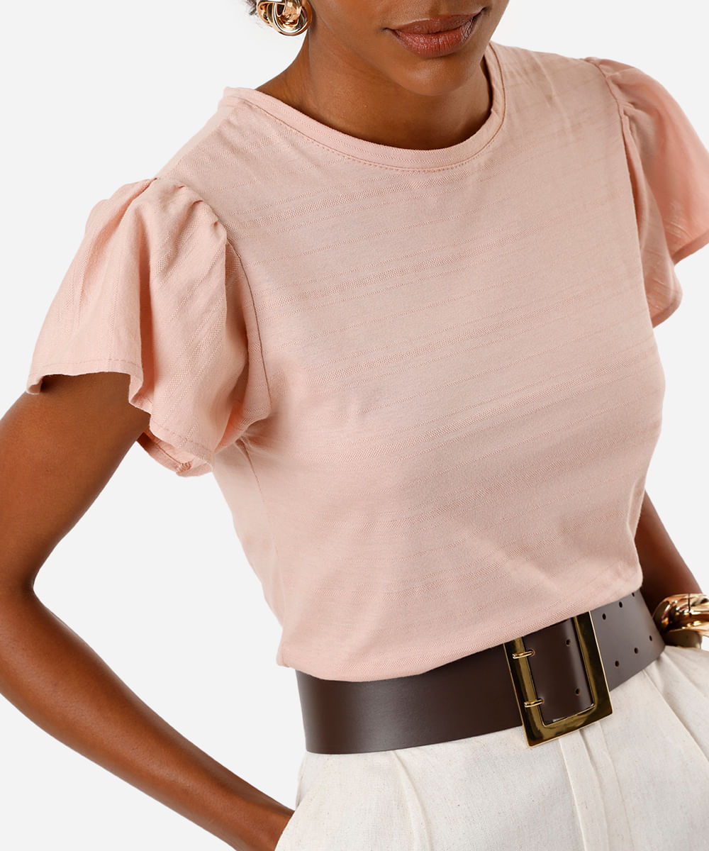 camiseta feminina de algodão manga curta bufante texturizada rosa
