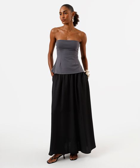saia longa feminina de viscose texturizada preta