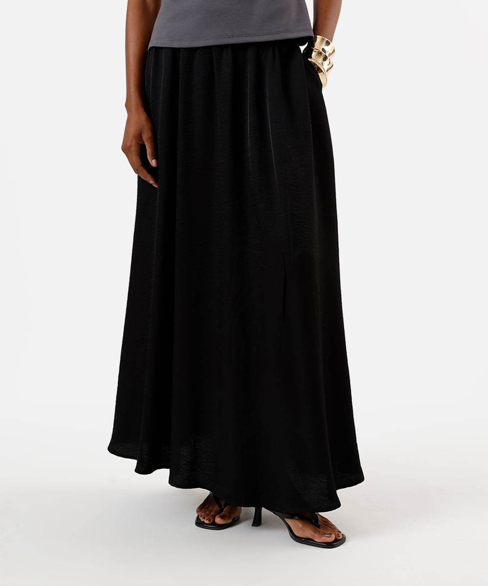 saia longa feminina de viscose texturizada preta