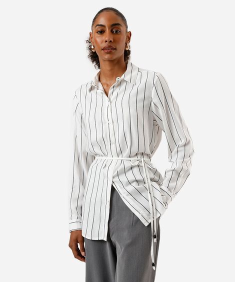 camisa alongada feminina de viscose com cordão listrada preta