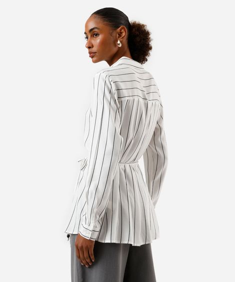 camisa alongada feminina de viscose com cordão listrada preta