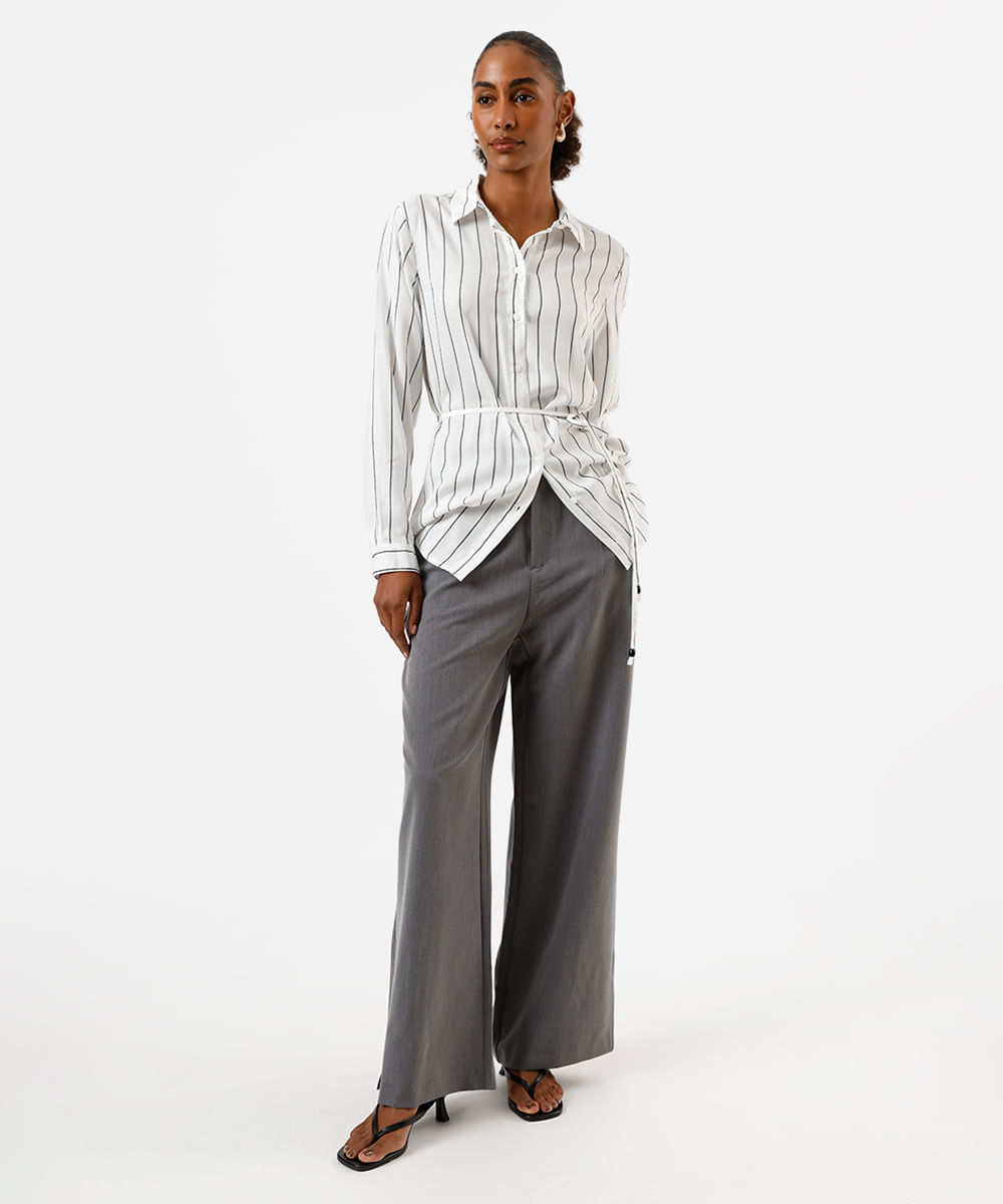 camisa alongada feminina de viscose com cordão listrada preta