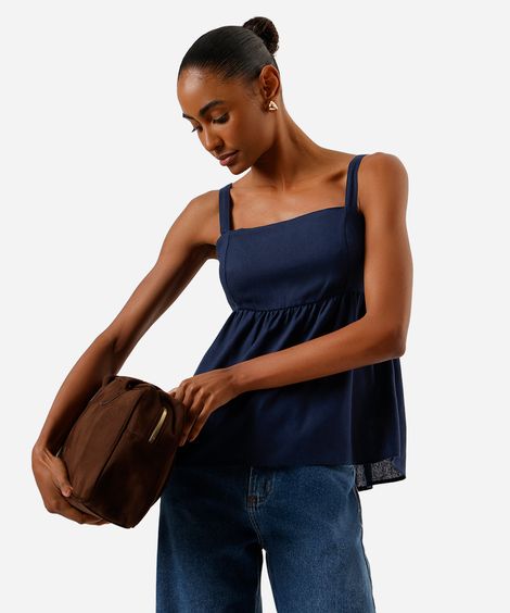 bata feminina com linho decote quadrado azul