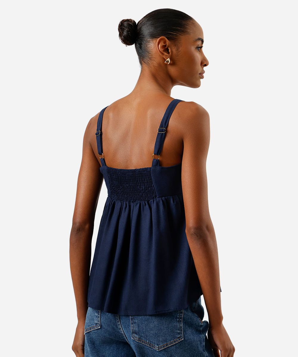 bata feminina com linho decote quadrado azul