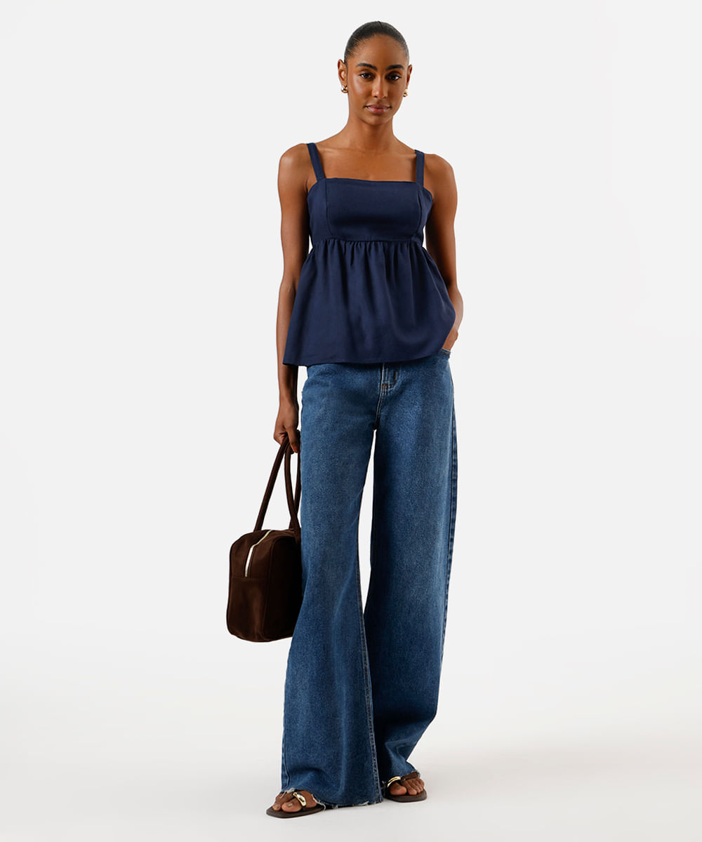 bata feminina com linho decote quadrado azul