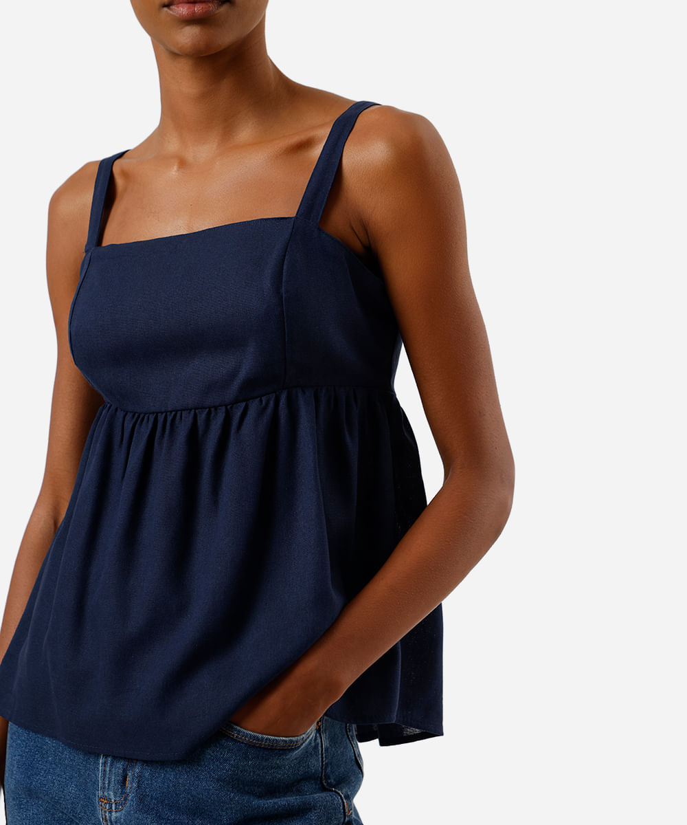 bata feminina com linho decote quadrado azul