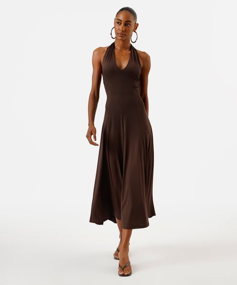 vestido midi feminino frente única com recortes marrom