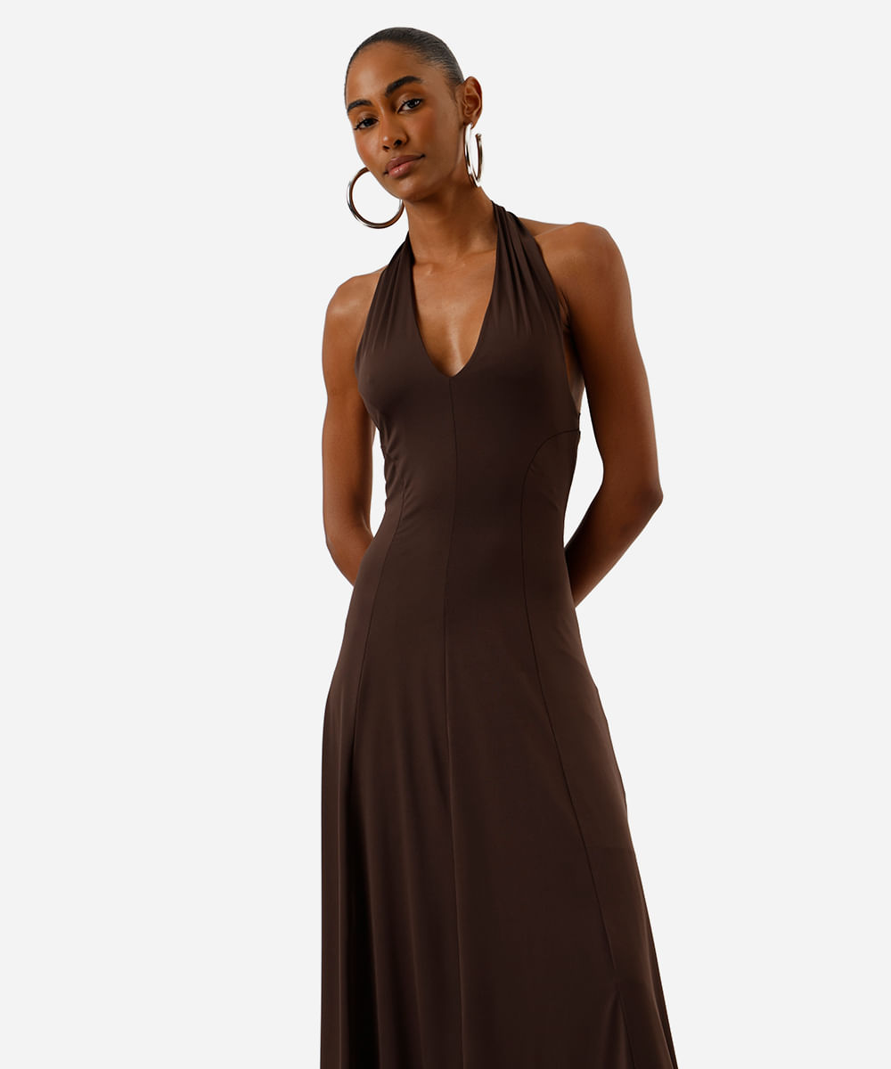 vestido midi feminino frente única com recortes marrom
