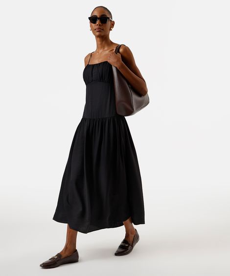 vestido midi feminino alça fina com recorte franzido  preto